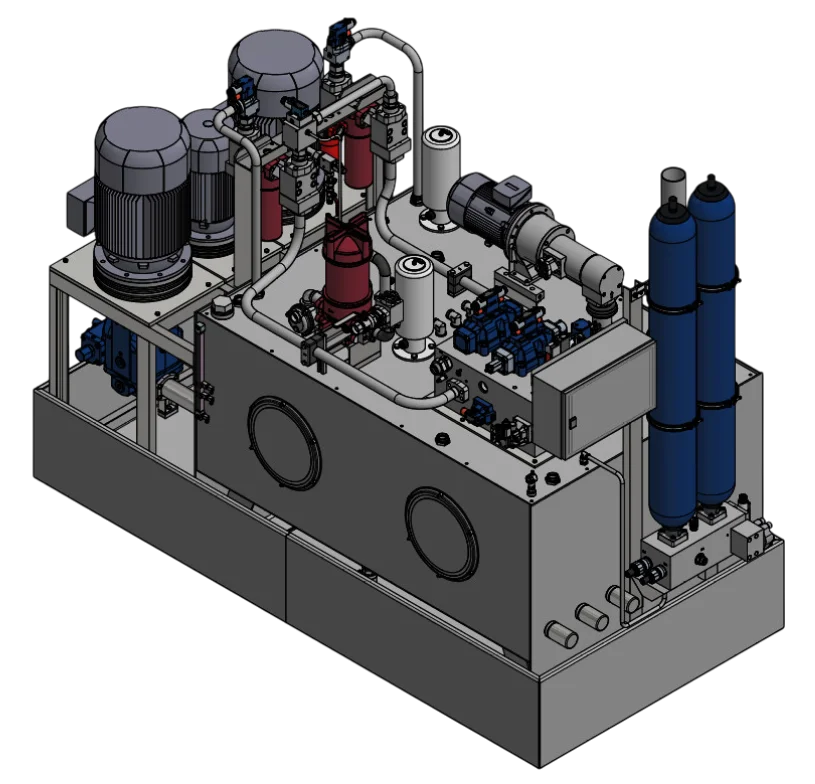 Maßgefertigtes Hydraulikaggregat – 3D-Konstruktion mit Druckspeichern und Doppelantrieb